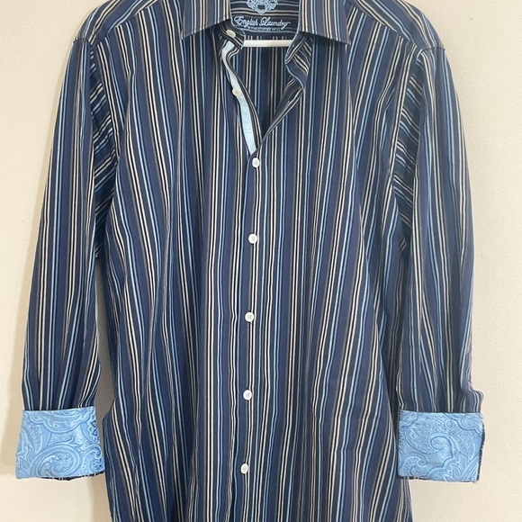 English Laundry Shirt Mens 16 32/33 Blue Striped Spread Cutaway Collar FlipCuff - Picture 5 of 12